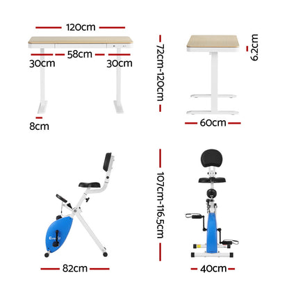 Dimensions of a foldable exercise bike with a table attachment on a white background