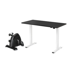 Electric Standing Desk with Exercise Bike-Desk with white legs and a black exercise bike on a white background