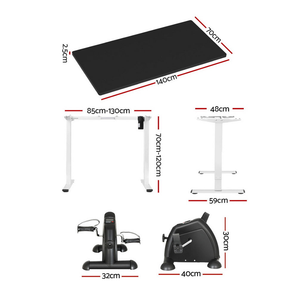 Dimensions of a standing desk and two exercise bikes on a white background