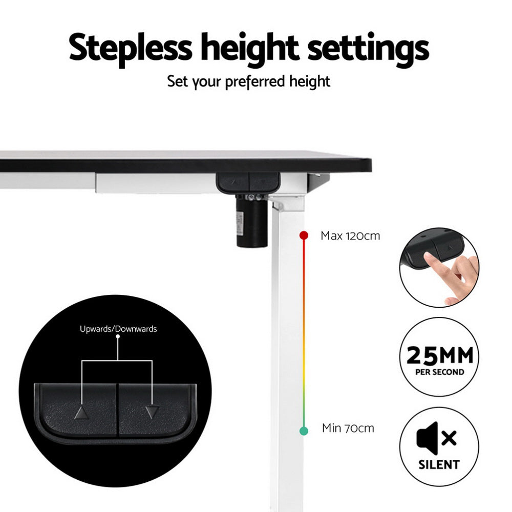 Ergonomic desk with height adjustment mechanism and stepless height settings on a white background.