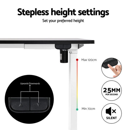 Ergonomic desk with height adjustment mechanism and stepless height settings on a white background.