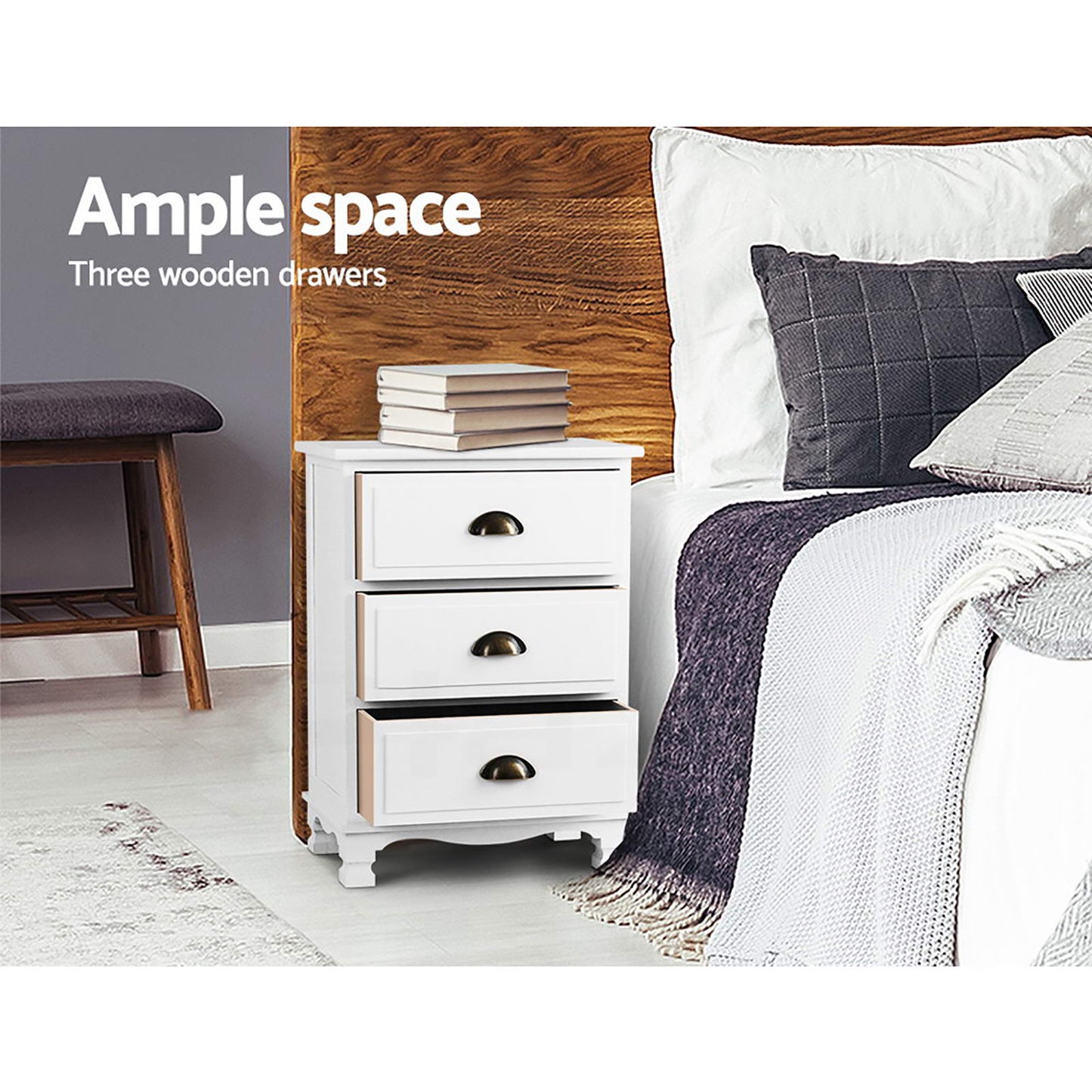 Artiss 2x Bedside Table 3 Drawers Vintage - THYME White