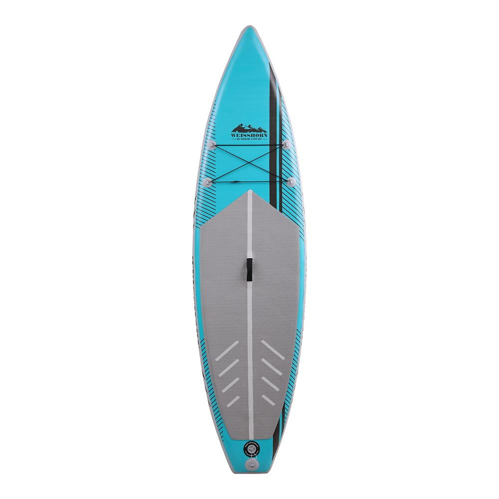 A Weisshorn stand-up paddle board in green and blue colors with a white patterned design, including a built-in handle and anti-slip pad.