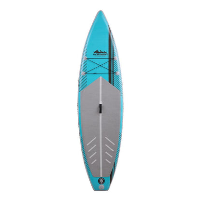 A Weisshorn stand-up paddle board in green and blue colors with a white patterned design, including a built-in handle and anti-slip pad.