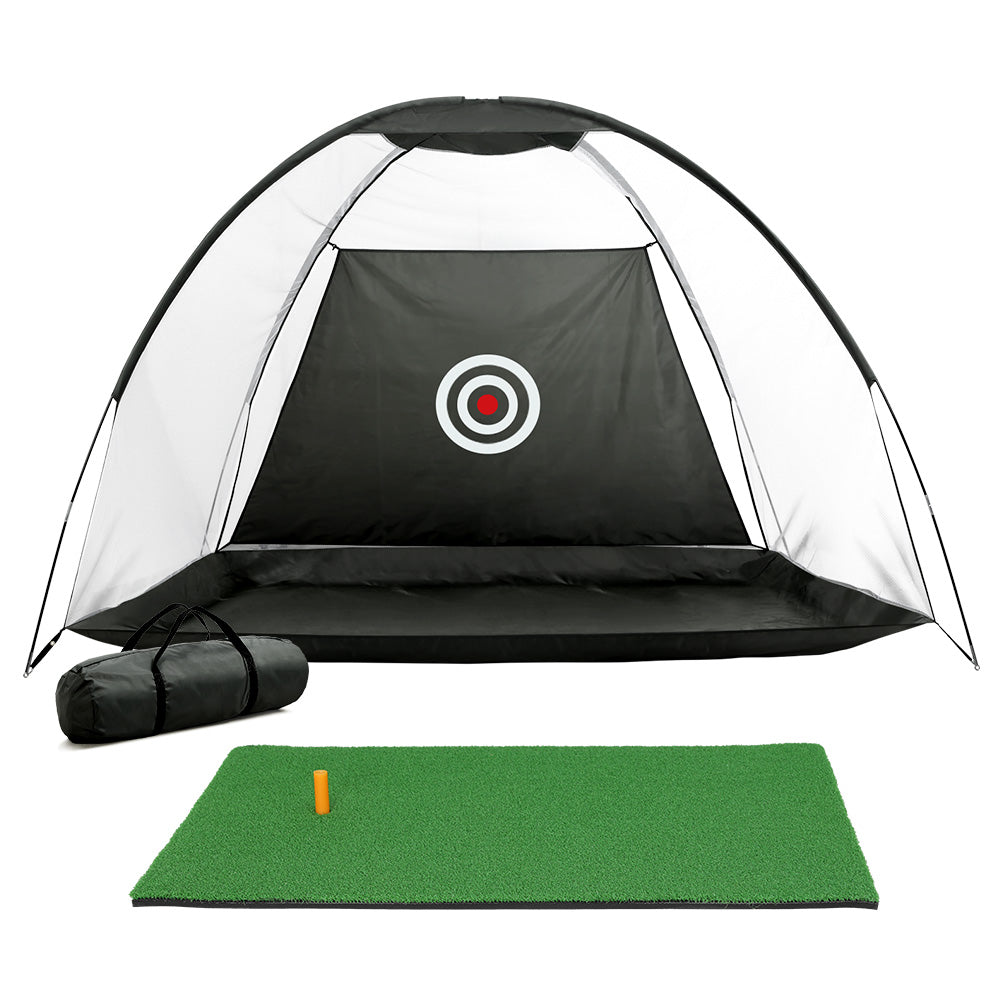 A set of Everfit golf practice equipment including a black mesh net with a bullseye target and a green artificial grass mat.