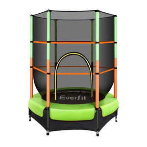A 4.5ft Everfit trampoline for kids with green padding and an orange safety enclosure net, designed for indoor or outdoor use.