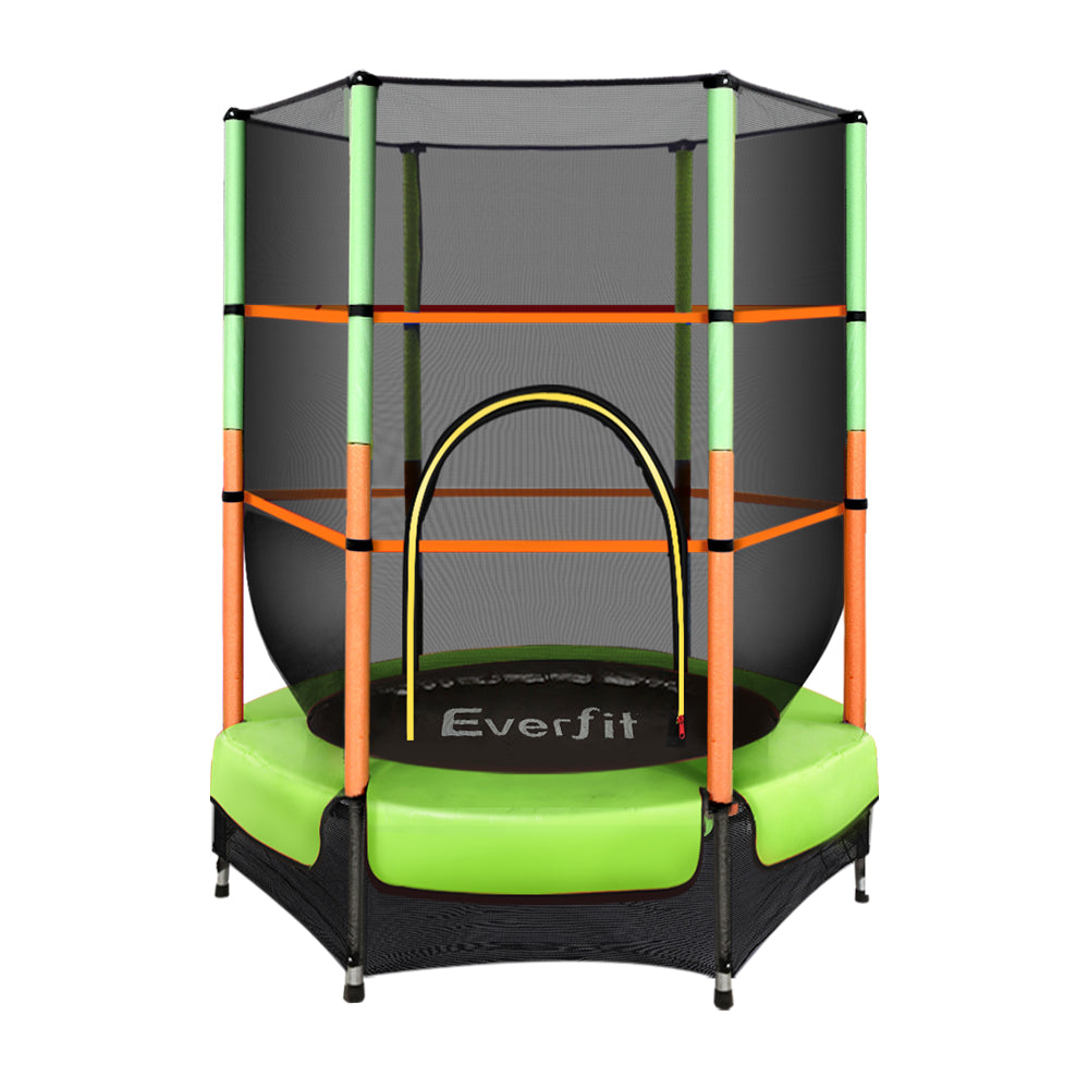 A 4.5ft Everfit trampoline for kids with green padding and an orange safety enclosure net, designed for indoor or outdoor use.