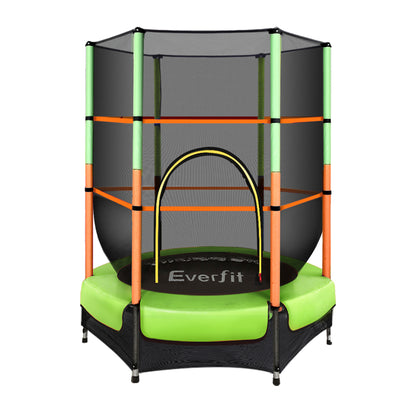 A 4.5ft Everfit trampoline for kids with green padding and an orange safety enclosure net, designed for indoor or outdoor use.