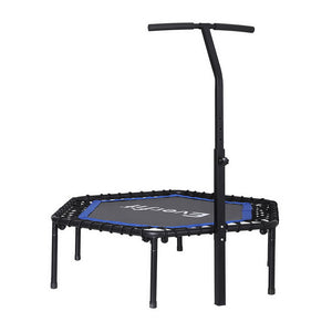 A 48-inch Everfit fitness trampoline with a heavy-gauge steel frame and high elasticity ropes. It includes an adjustable, foam-wrapped handrail and anti-slip feet.