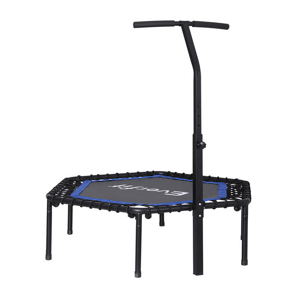 A 48-inch Everfit fitness trampoline with a heavy-gauge steel frame and high elasticity ropes. It includes an adjustable, foam-wrapped handrail and anti-slip feet.