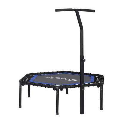 A 48-inch Everfit fitness trampoline with a heavy-gauge steel frame and high elasticity ropes. It includes an adjustable, foam-wrapped handrail and anti-slip feet.
