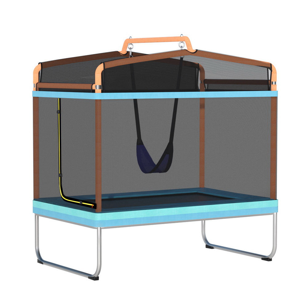 A 6ft rectangle trampoline for kids with a swing enclosure safety net. The trampoline is primarily orange with a blue padding accent, and the safety net is black.