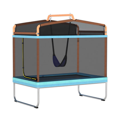 A 6ft rectangle trampoline for kids with a swing enclosure safety net. The trampoline is primarily orange with a blue padding accent, and the safety net is black.