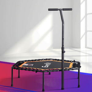 An Everfit fitness trampoline with a black frame and orange jumping mat, featuring an adjustable handrail and anti-slip feet, positioned against a white background.
