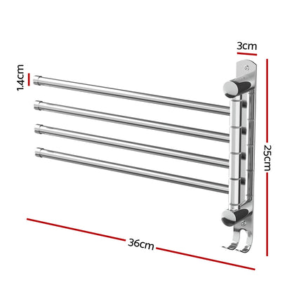 Towel Rail Rack Holder 4 Bars Wall Mounted Stainless Steel Swivel Hanging Hook - Factory Direct Shop
