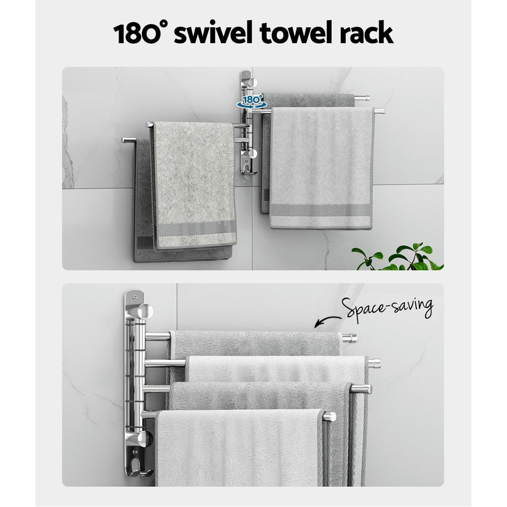 Towel Rail Rack Holder 4 Bars Wall Mounted Stainless Steel Swivel Hanging Hook - Factory Direct Shop