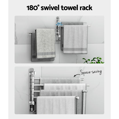 Towel Rail Rack Holder 4 Bars Wall Mounted Stainless Steel Swivel Hanging Hook - Factory Direct Shop