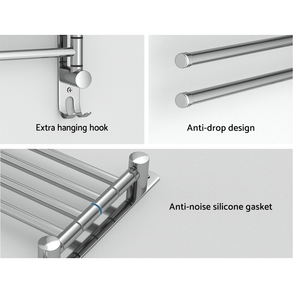 Towel Rail Rack Holder 4 Bars Wall Mounted Stainless Steel Swivel Hanging Hook - Factory Direct Shop