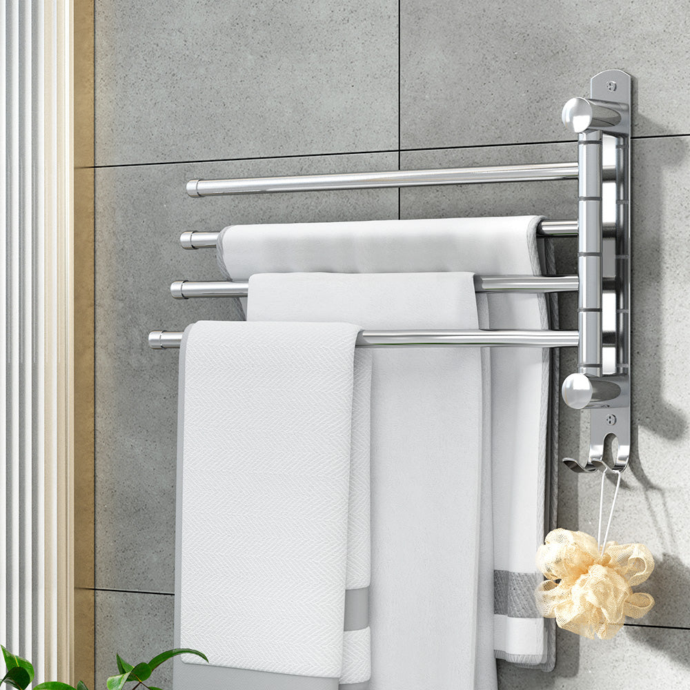 Towel Rail Rack Holder 4 Bars Wall Mounted Stainless Steel Swivel Hanging Hook - Factory Direct Shop