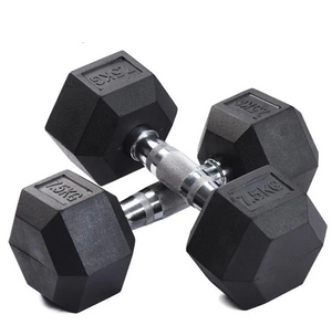 Pair of black hexagonal dumbbells with weight markings on a white background