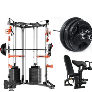 Gym equipment including a power rack, barbell, and weight bench on a white background