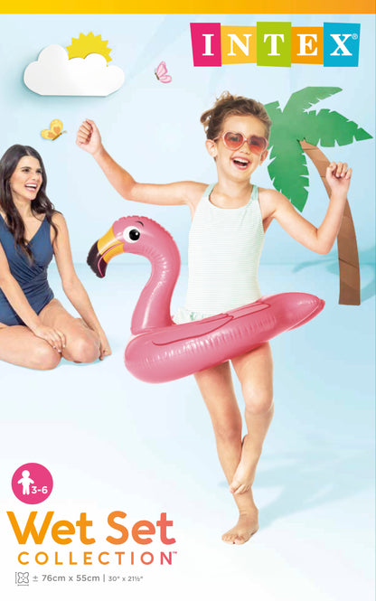 Intex inflatable flamingo pool toy with a child and adult on a beach-themed background