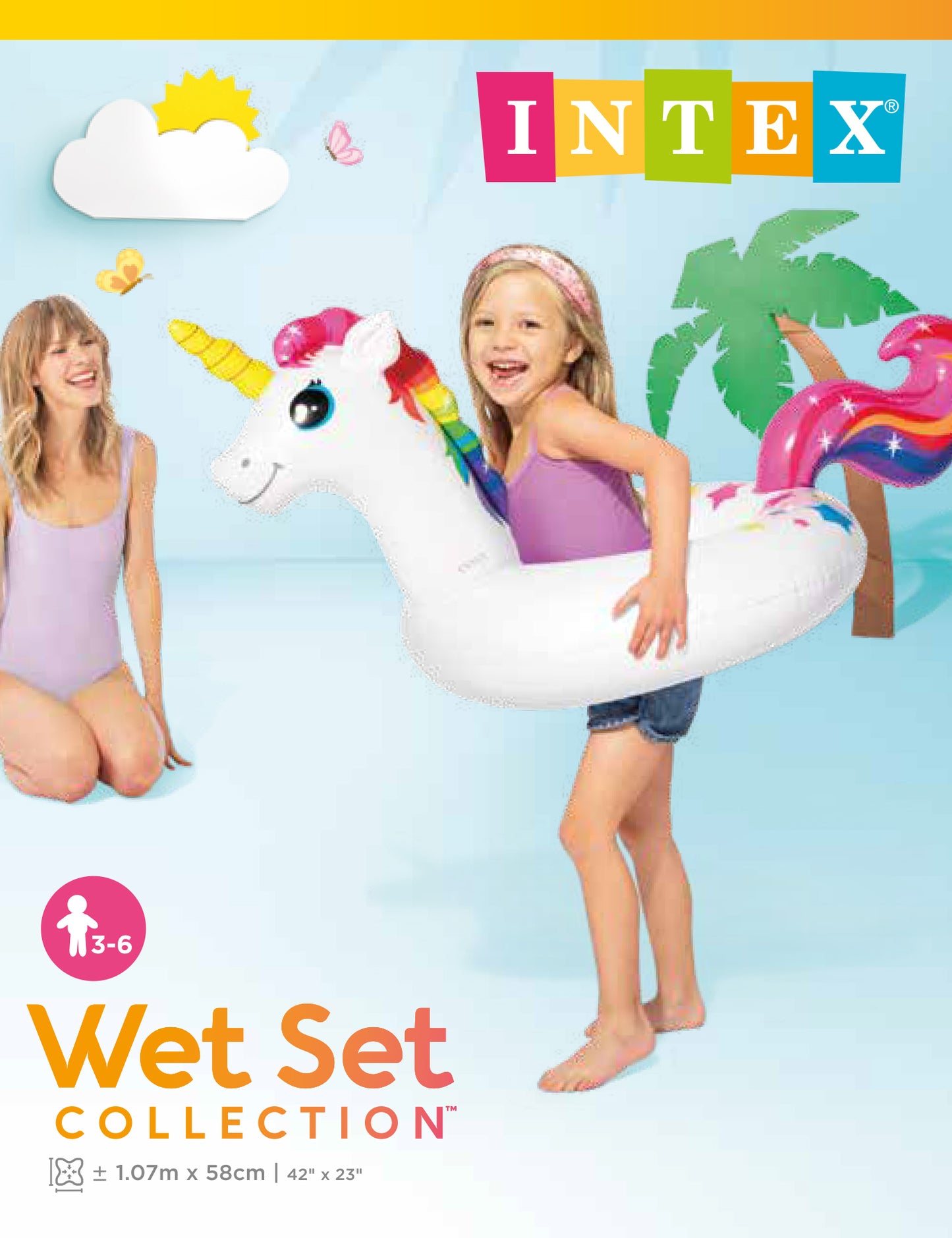 Intex inflatable unicorn pool float with two children on a blue background