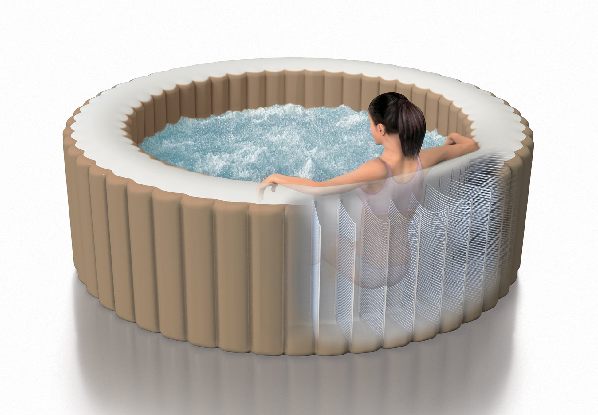 Inflatable hot tub with a person inside on a white background