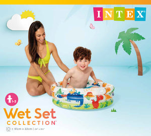 Woman and child with an inflatable pool featuring Intex branding on a beach-themed background.