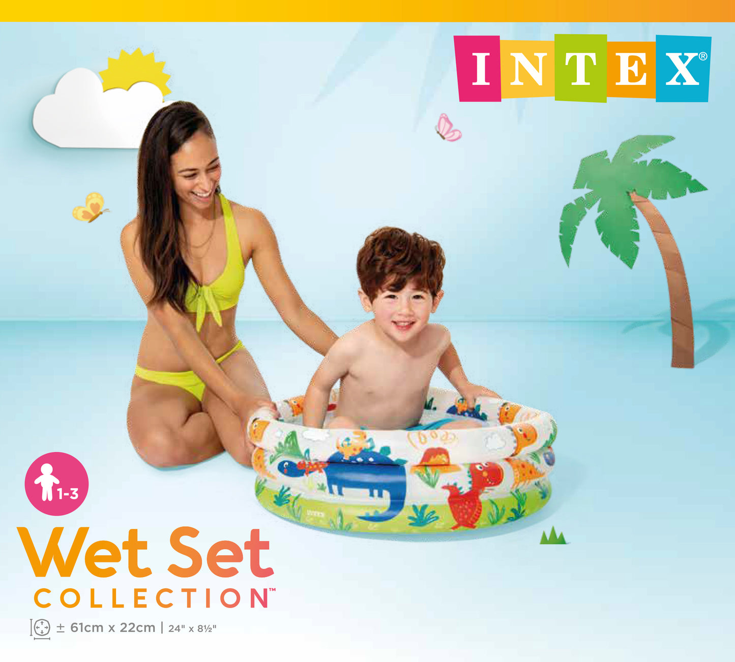 Woman and child with an inflatable pool featuring Intex branding on a beach-themed background.