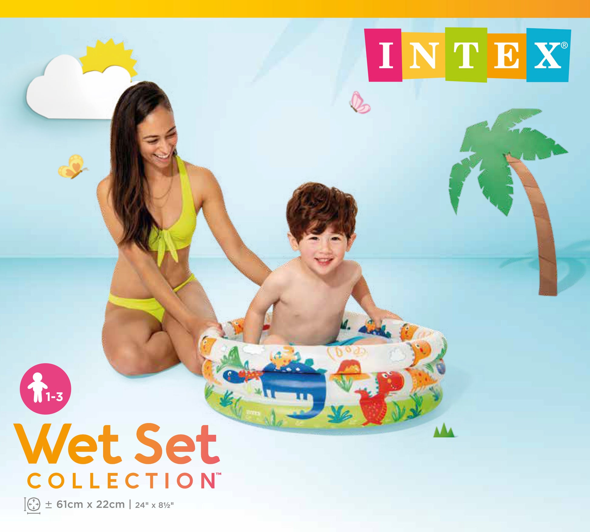 Woman and child with an inflatable pool featuring Intex branding on a beach-themed background.