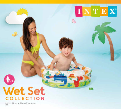 Woman and child with an inflatable pool featuring Intex branding on a beach-themed background.