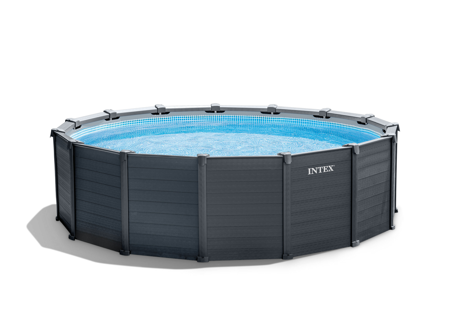 Intex above-ground pool with blue water on a white background