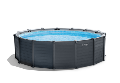 Intex above-ground pool with blue water on a white background