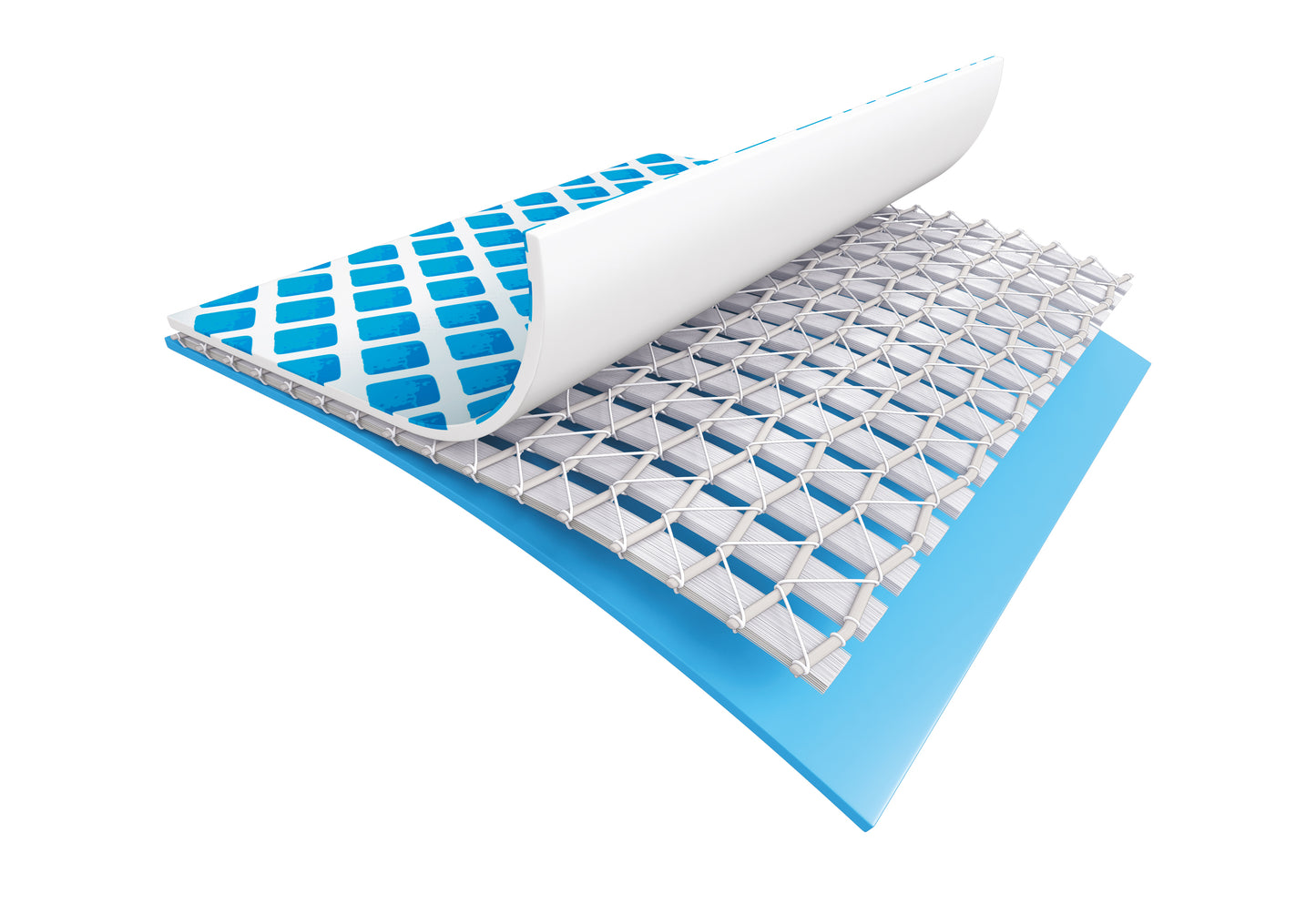 Roll of blue and white grid material on a white background