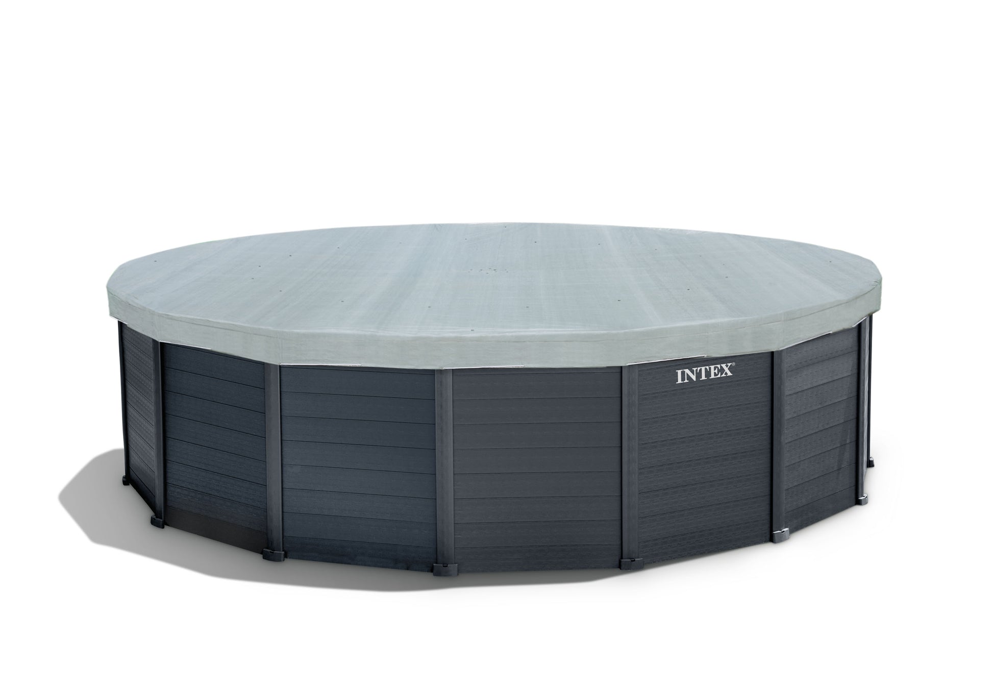 Intex above-ground pool with a cover on a white background