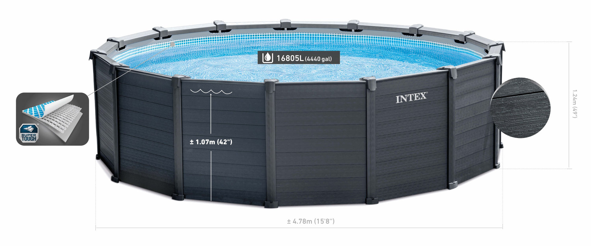 Intex above-ground pool with dimensions displayed