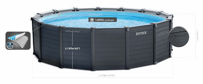 Intex above-ground pool with dimensions displayed