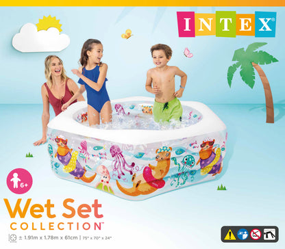 Intex inflatable pool with children playing around it on a blue background