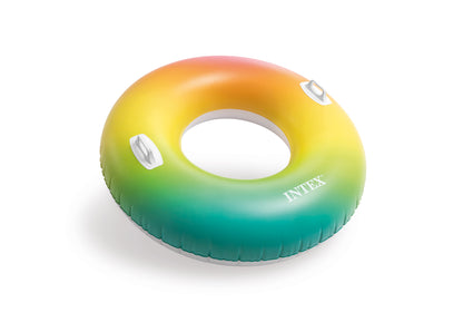 Gradient-colored inflatable ring with 'Intex' branding on a white background