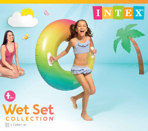 Intex inflatable ring with a girl and woman on a beach-themed background
