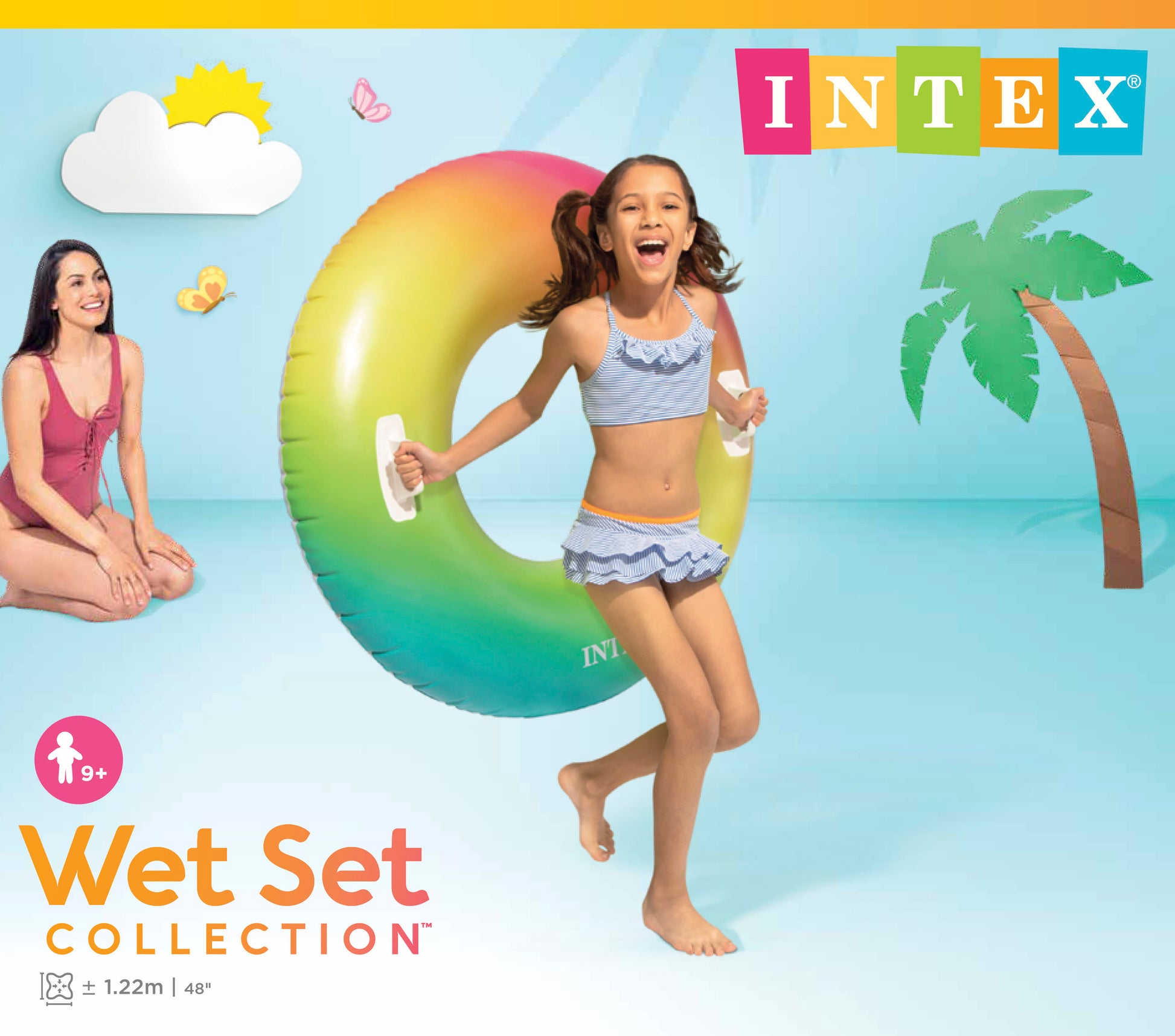 Intex inflatable ring with a girl and woman on a beach-themed background
