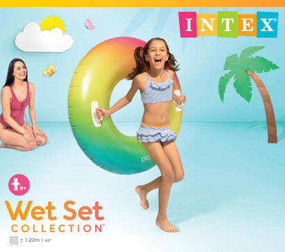 Intex inflatable ring with a girl and woman on a beach-themed background