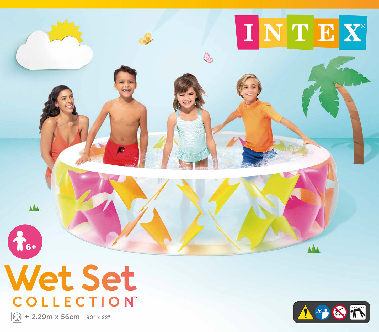 Intex inflatable pool with children around it on a blue background, featuring the Intex logo.