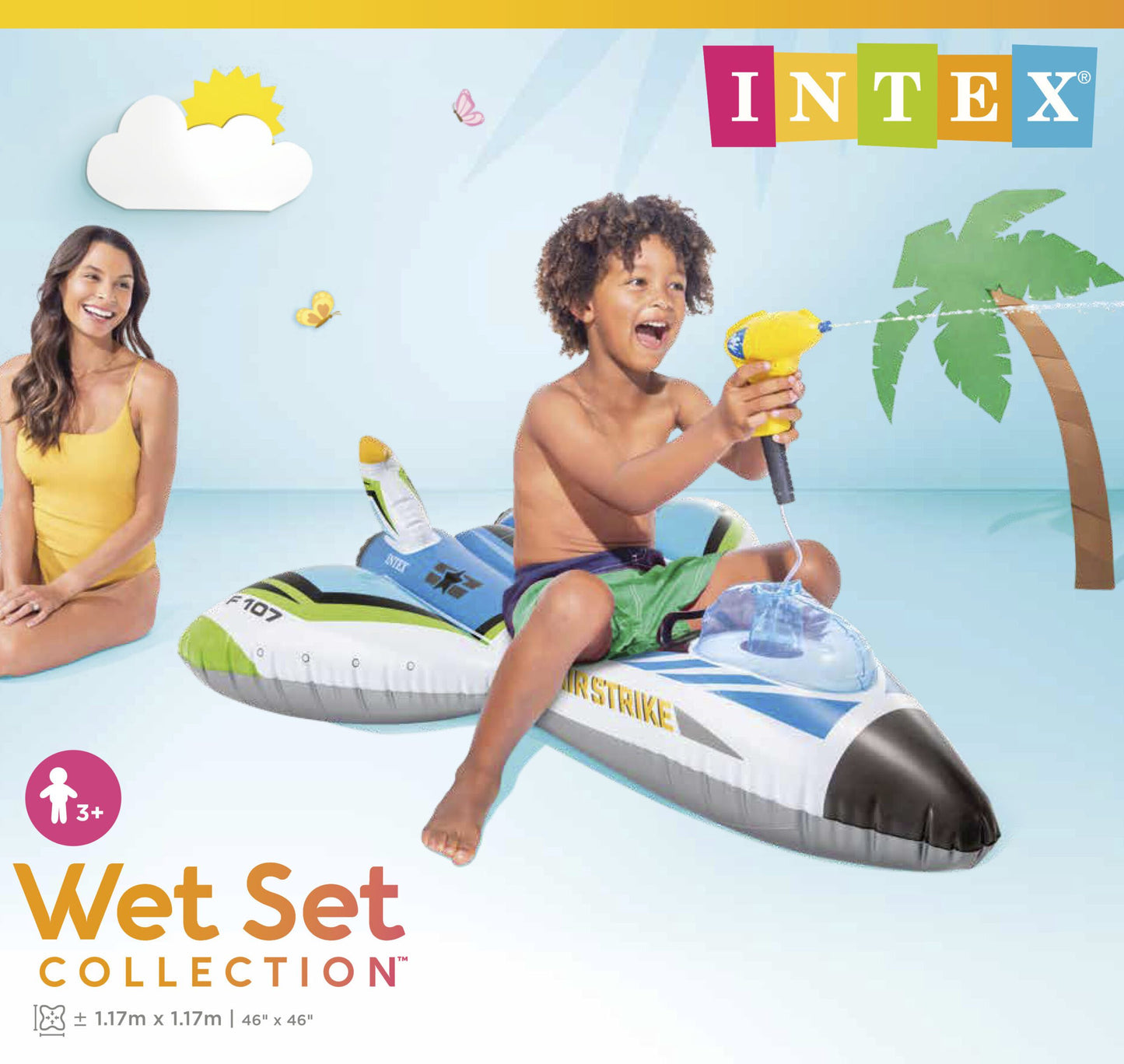 Intex inflatable water toy with child and woman on a blue background