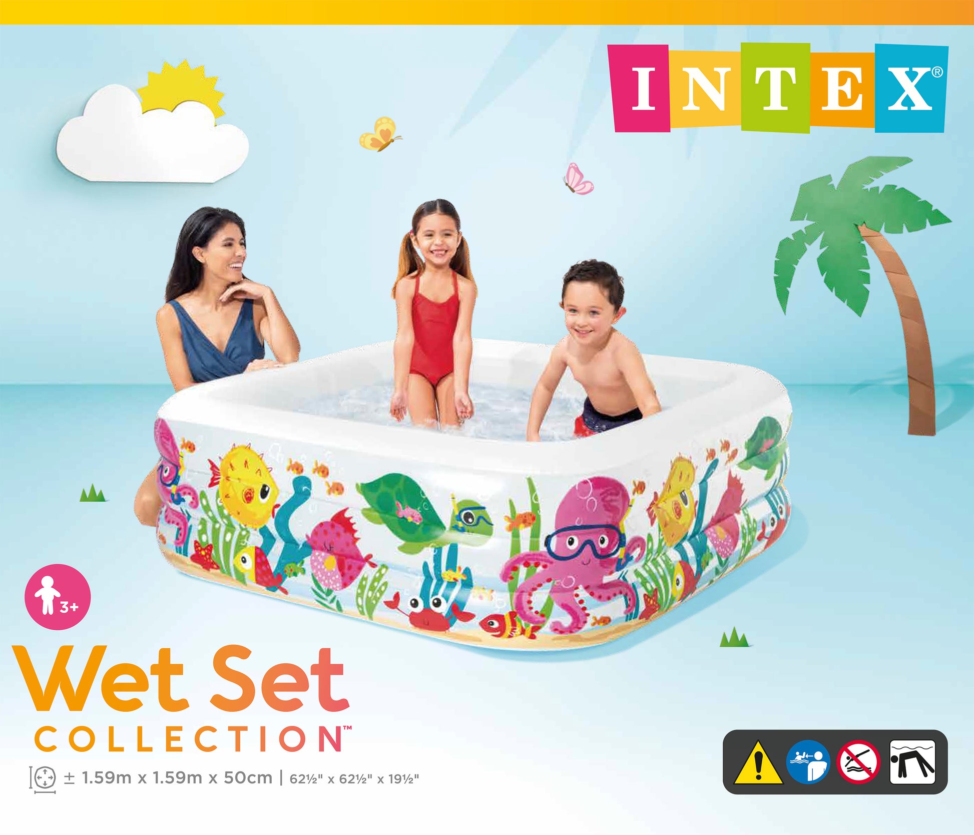 Intex inflatable pool with cartoon designs on a blue background, featuring children and a family.