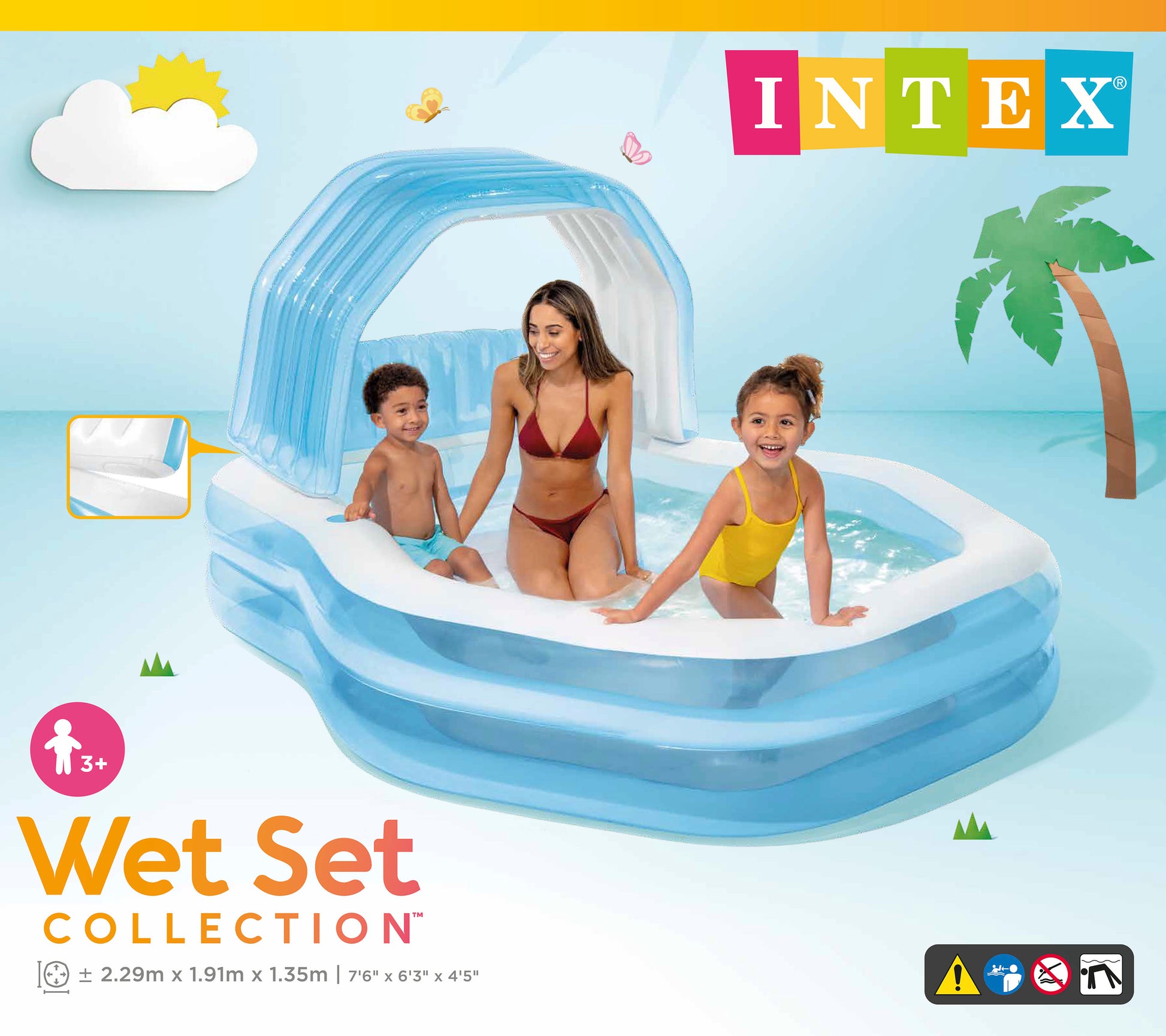 Intex inflatable pool with canopy and children on a blue background