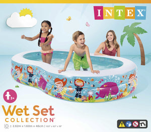 Intex inflatable pool with children around it on a blue background