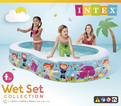 Intex inflatable pool with children around it on a blue background