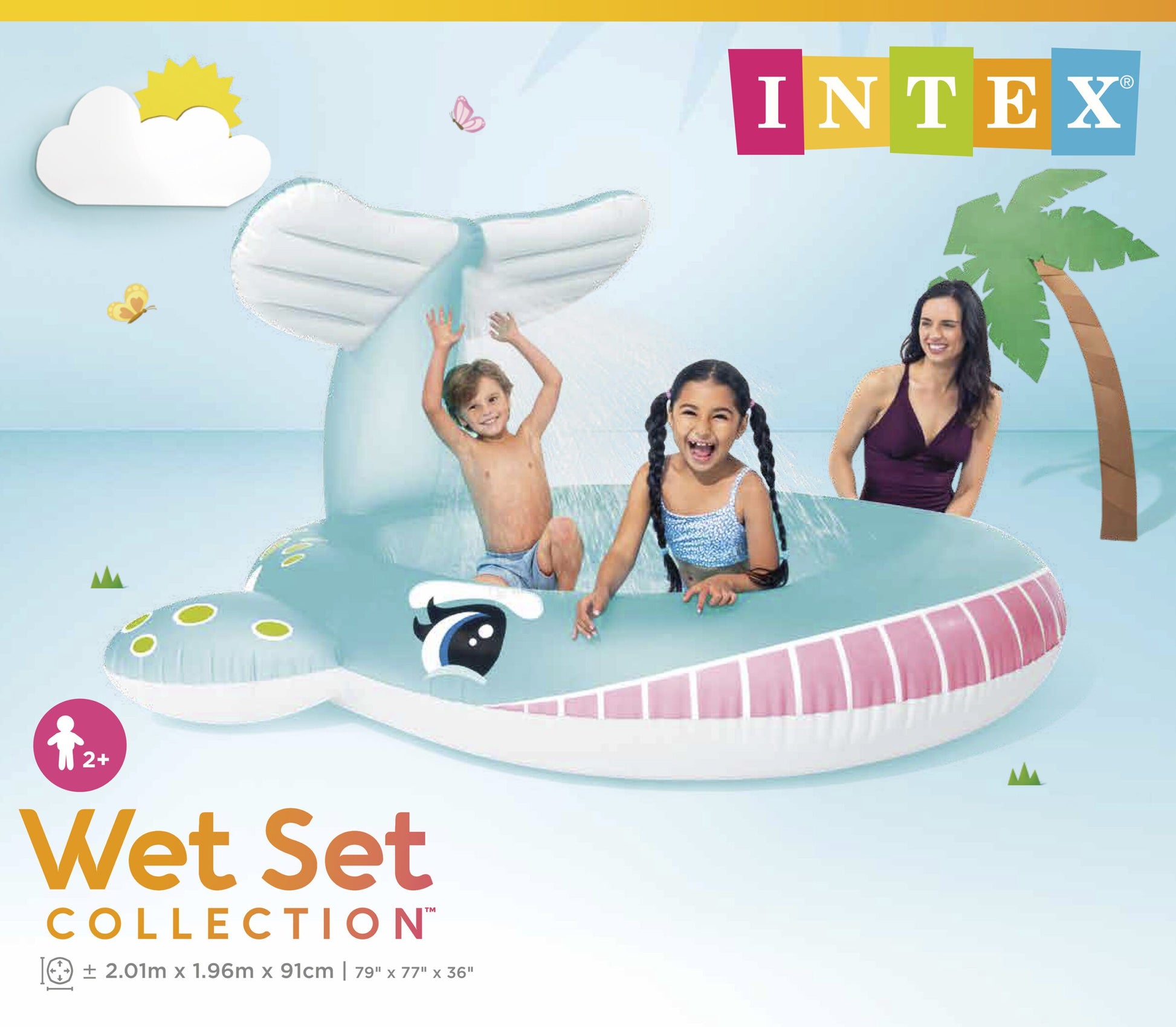 Intex inflatable shark pool with children and a woman on a blue background